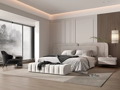 Modern Bedroom Interior Design With Large Bed Gray Bedding Beige Headboard And Dark Armchair 3d model