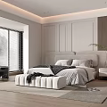 Modern Bedroom Interior Design With Large Bed Gray Bedding Beige Headboard And Dark Armchair