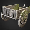 Vintage Wooden Cart With Mossy Surface And Large Spoked Wheel Design