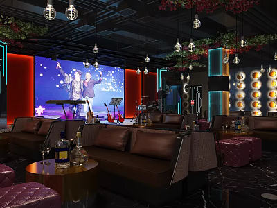 Modern Bar Interior Design With Comfortable Sofas Wine Bottles Large Screen And Decorative Lights 3d model