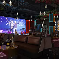 Modern Bar Interior Design With Comfortable Sofas Wine Bottles Large Screen And Decorative Lights 3d model