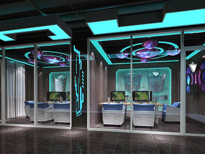 Modern Internet Cafe Interior With Glass Partitions Blue Lighting Transformers Decorations Computers And Comfortable Seats 3d model