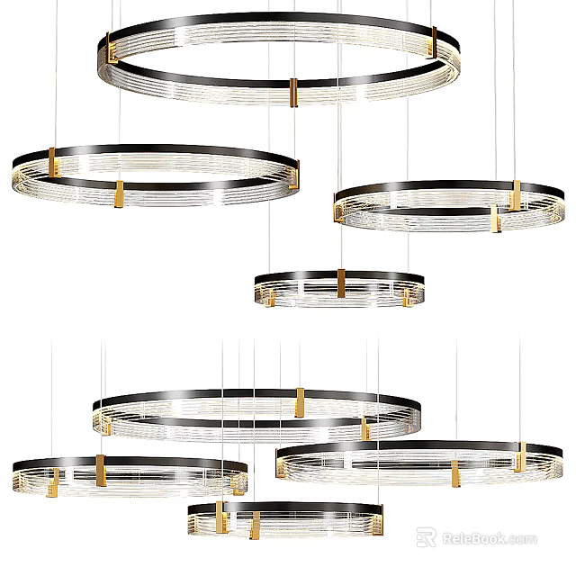 Multiple Modern Circular Chandeliers With Metal Frame And Glass Elements For Interior Design 3d model