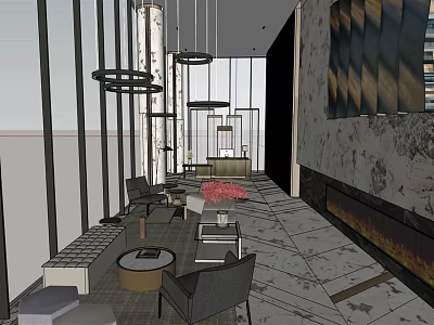 Modern Luxury Hotel Lobby Interior With Chandeliers Comfortable Sofas Fireplace And Geometric Rug 3d model