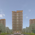 Modern High Rise Residential Building with Balconies and Trees Under Blue Sky