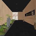 Elegant Hotel Corridor With Wooden Walls Black Ceiling Warm Lighting Green Plants And Stone Sculpture