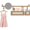 Wooden Wall Hook With Pink Polka Dot Dress Hanger And Storage Bags Holding Rabbit Toy