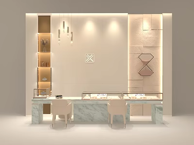 Luxury Jewelry Store Interior With Marble Display Counters Chandeliers And Seating 3d model