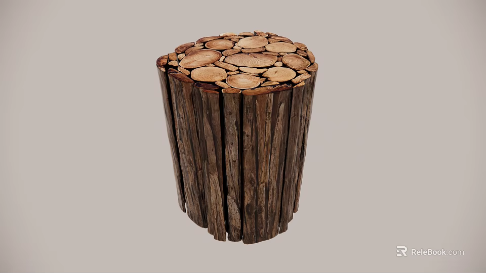 Rustic Wooden Side Table Featuring Wood Slice Top And Vertical Slat Base 3d model 