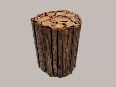 Rustic Wooden Side Table Featuring Wood Slice Top And Vertical Slat Base 3d model