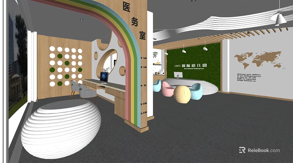 Kindergarten Reception Area Modern Design With Rainbow Arch Wooden Panels Circular Seats And Green Wall 3d model 