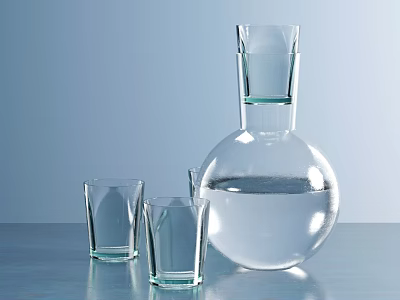 Two Transparent Drinking Glasses With Glass Bottle Containing Clear Liquid On Blue Tabletop 3d model