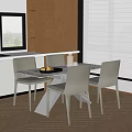 Modern Dining Table Set With Marble Top And Light Gray Dining Chairs Near Window And Wooden Cabinets