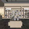 Modern Bookstore Interior With Wooden Bookshelves Display Tables And Green Plant