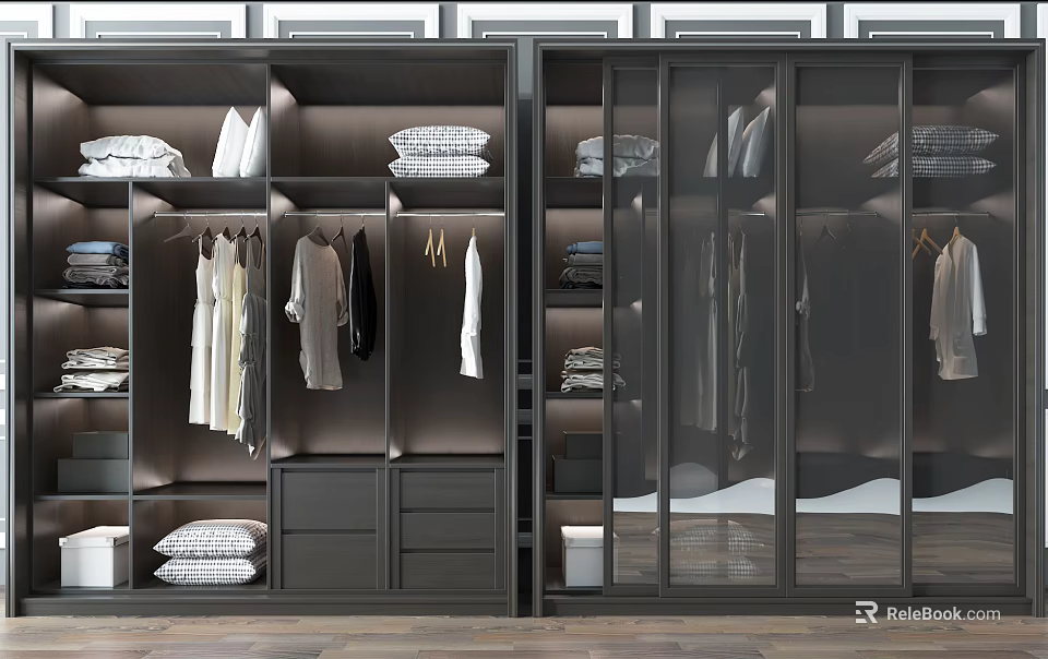 Modern Wardrobe Interior Featuring Glass Doors Hanging Clothes Folded Linen And Drawers 3d model 