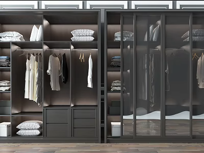 Modern Wardrobe Interior Featuring Glass Doors Hanging Clothes Folded Linen And Drawers 3d model