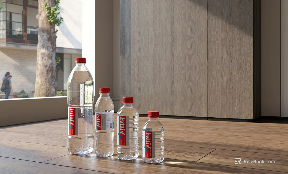 Vittel Water Bottles With Red Caps On Wooden Floor By Gray Cabinets And Window Tree 3d model 