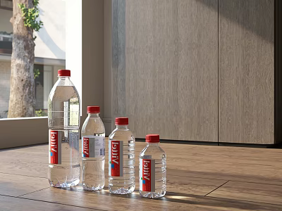 Vittel Water Bottles With Red Caps On Wooden Floor By Gray Cabinets And Window Tree 3d model