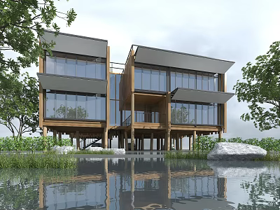Modern Wooden House With Large Glass Windows Surrounded by Trees Waterfront and Calm Water Reflection 3d model
