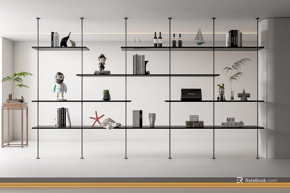 Modern Open Bookcase Featuring Multi Layered Shelves With Decorative Books Sculptures And Plants 3d model 