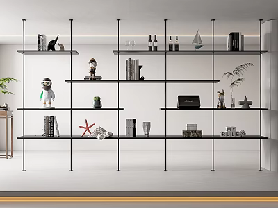 Modern Open Bookcase Featuring Multi Layered Shelves With Decorative Books Sculptures And Plants 3d model