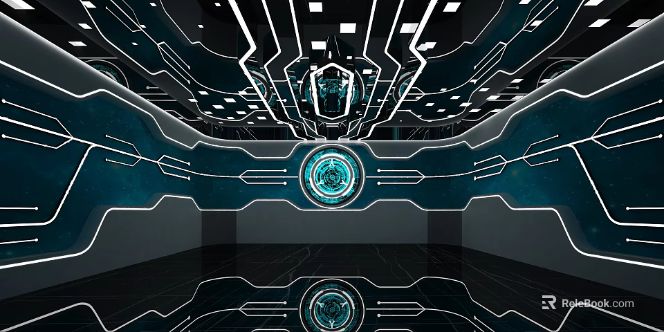 Cartoon Scene With Futuristic Glowing Lines Geometric Shapes Blue Lighting Circular Core Floor Reflections 3d model 