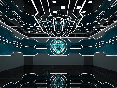 Cartoon Scene With Futuristic Glowing Lines Geometric Shapes Blue Lighting Circular Core Floor Reflections 3d model