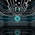 Cartoon Scene With Futuristic Glowing Lines Geometric Shapes Blue Lighting Circular Core Floor Reflections