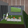 Rooftop Garden With Green Lawn Outdoor Sofa Large Screen Football Match Brick Wall Blue Flowers 3d model