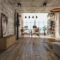 Industrial Office Space With Exposed Brick Wall Wooden Floor Sofa Bookshelf And Pendant Lights
