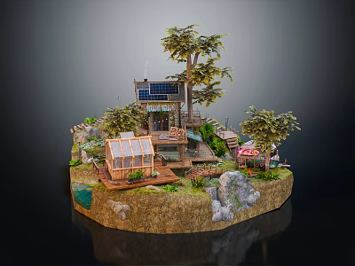 Cartoon Scene With Tiny House Solar Panels Greenhouse Trees Rocks And Water Area 3d model