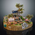 Cartoon Scene With Tiny House Solar Panels Greenhouse Trees Rocks And Water Area