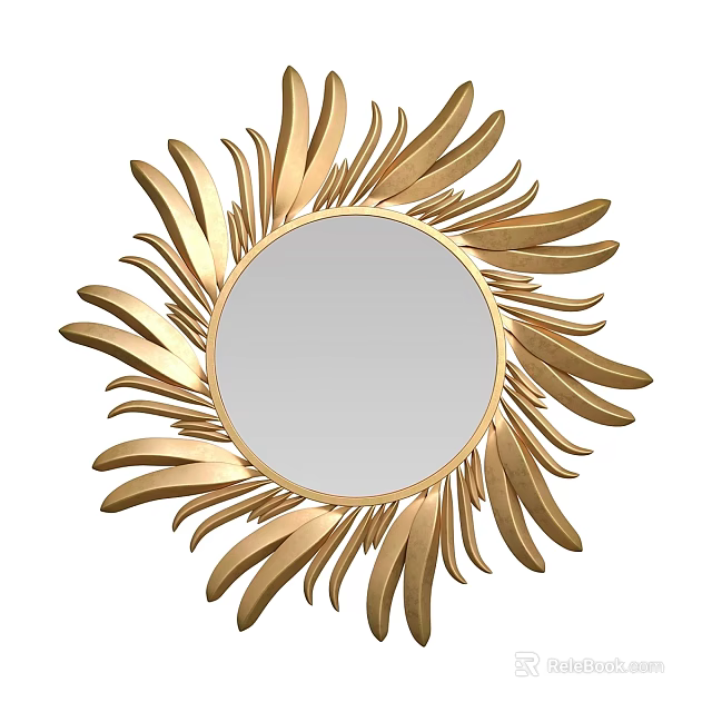 Elegant Golden Round Mirror With Feather Shaped Ornate Frame Design 3d model