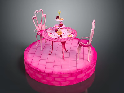 Pink Round Dining Table Set With Two Chairs Desserts And Teacups On Round Platform 3d model