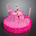 Pink Round Dining Table Set With Two Chairs Desserts And Teacups On Round Platform 3d model