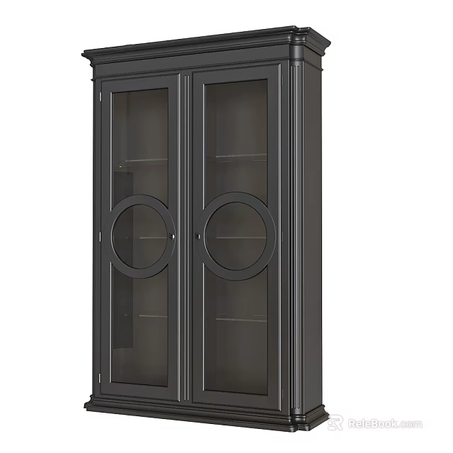 Dark Colored Double Door Bookcase With Glass Doors And Circular Decorations 3d model 