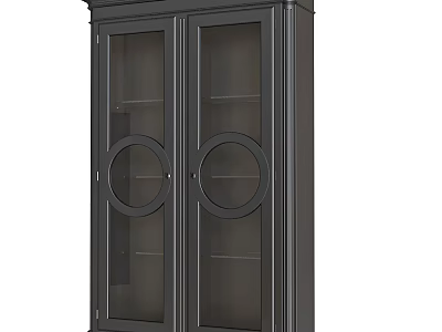 Dark Colored Double Door Bookcase With Glass Doors And Circular Decorations 3d model