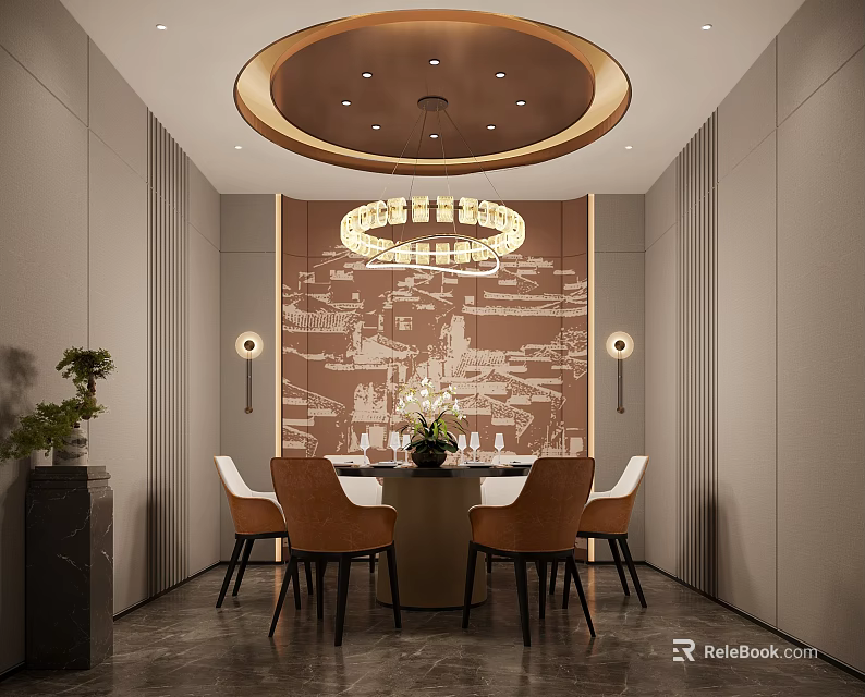 Elegant Private Dining Room With Circular Chandelier Round Table Brown Chairs And Decorative Wall Mural 3d model 