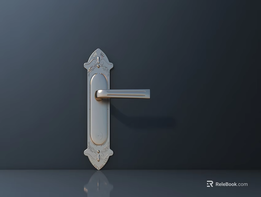 Decorative Silver Metal Door Handle With Ornate Design On Dark Wall 3d model 
