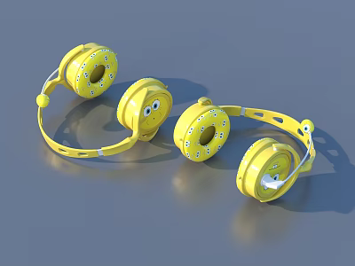 Yellow Cartoon Children Headphones With Fun Face Design And Soft Headband 3d model