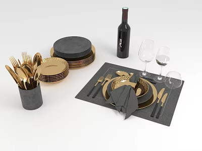 Elegant Dining Tableware Set with Golden Cutlery Plates Black Placemats Wine Glasses and Napkins 3d model