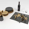 Elegant Dining Tableware Set with Golden Cutlery Plates Black Placemats Wine Glasses and Napkins
