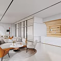 Modern Sales Office With Open Space Large Windows Orange Chairs Marble Reception And Street View