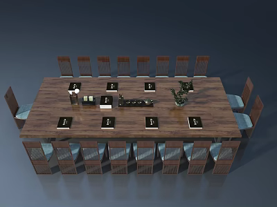 Long Wooden Dining Table With Chairs Plates Cups And Green Plant 3d model