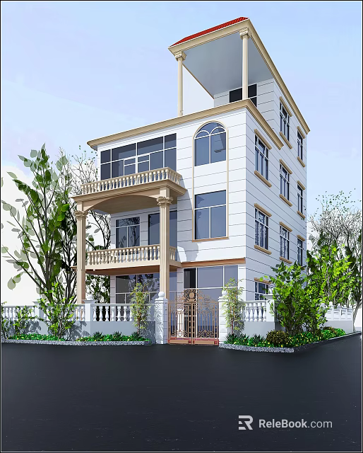 Elegant Detached Villa Exterior Design With White Facade Large Windows Balconies And Green Plants 3d model 