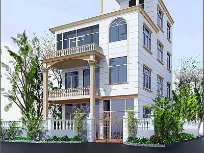Elegant Detached Villa Exterior Design With White Facade Large Windows Balconies And Green Plants 3d model