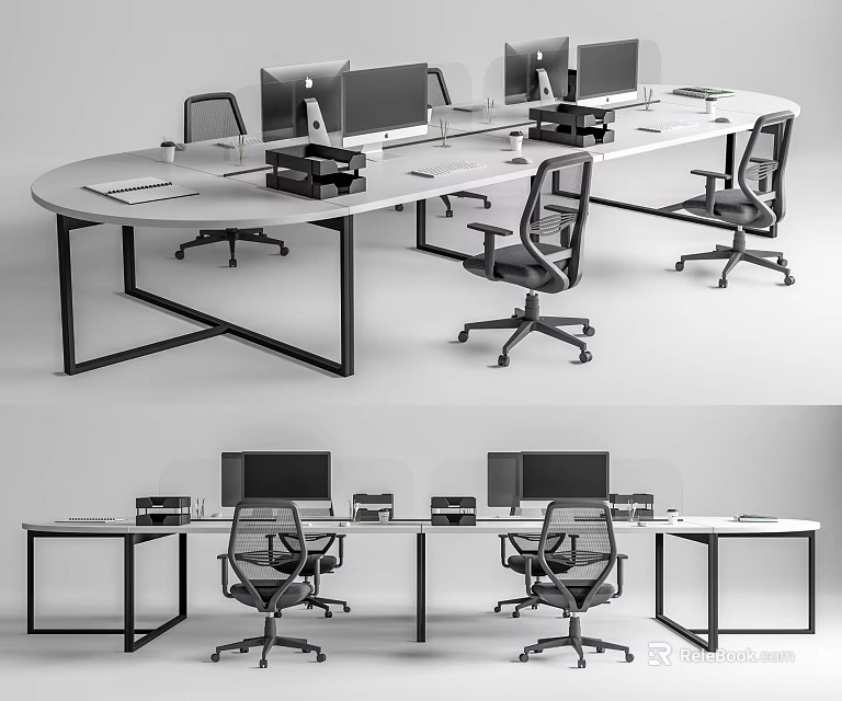 Modern Office Desk Setup With Computers Ergonomic Chairs And Workspace Design 3d model