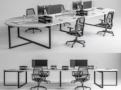 Modern Office Desk Setup With Computers Ergonomic Chairs And Workspace Design 3d model