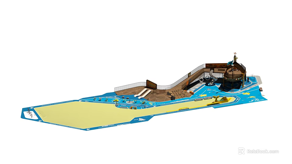 Large Water Slide Playground Structure With Curved Tracks Pool Area And Wooden Platforms 3d model 