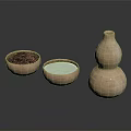 Handcrafted Wooden Bowls With Purple Grains White Powder And Gourd Shaped Vase